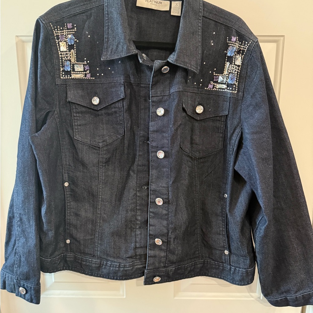 Chico's Dark Blue Embellished Denim Jacket with Blue & Purple Accents